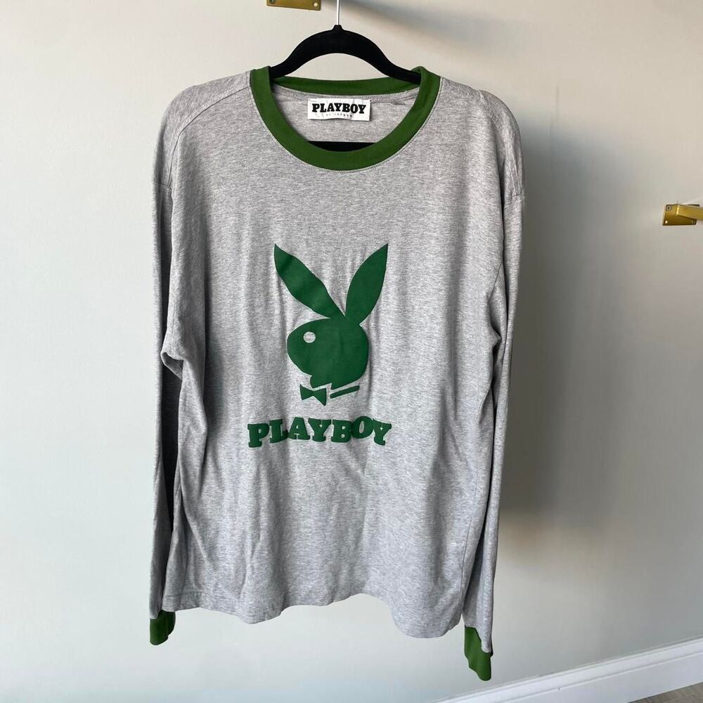 Playboy Bunny Grey and Green Long Sleeve Ringer T-shirt Retro Grunge Skater Y2K